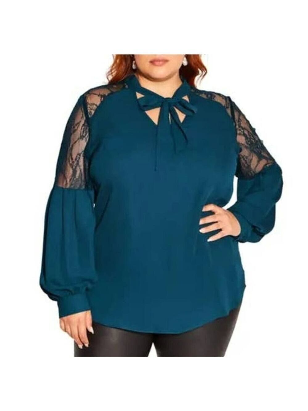 City Chic Mysterious Lace Balloon Sleeve Hunter Green Top/Blouse Size Small